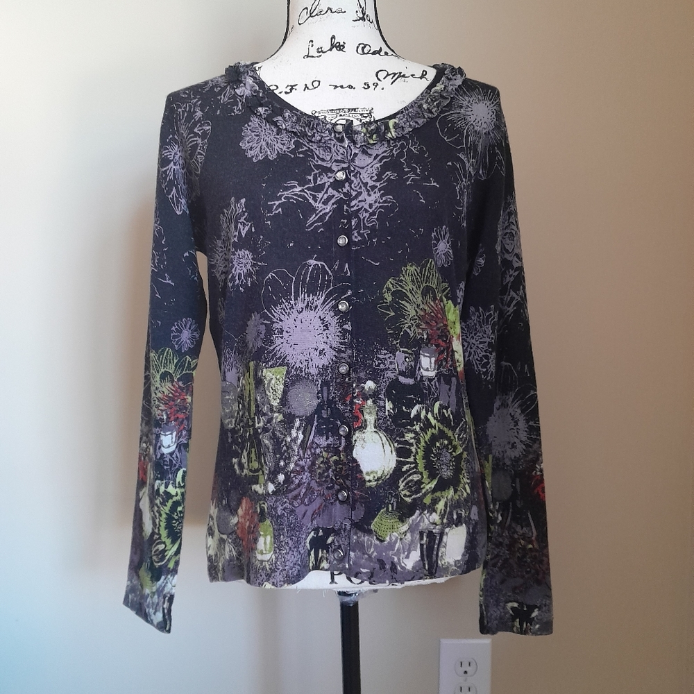 Eva & Claudi cashmere sweater mixed print button front cardigan size M